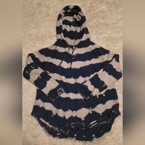 Free People Oversize Distressed Navy and Cream Hoodie Pullover Sz. Med.